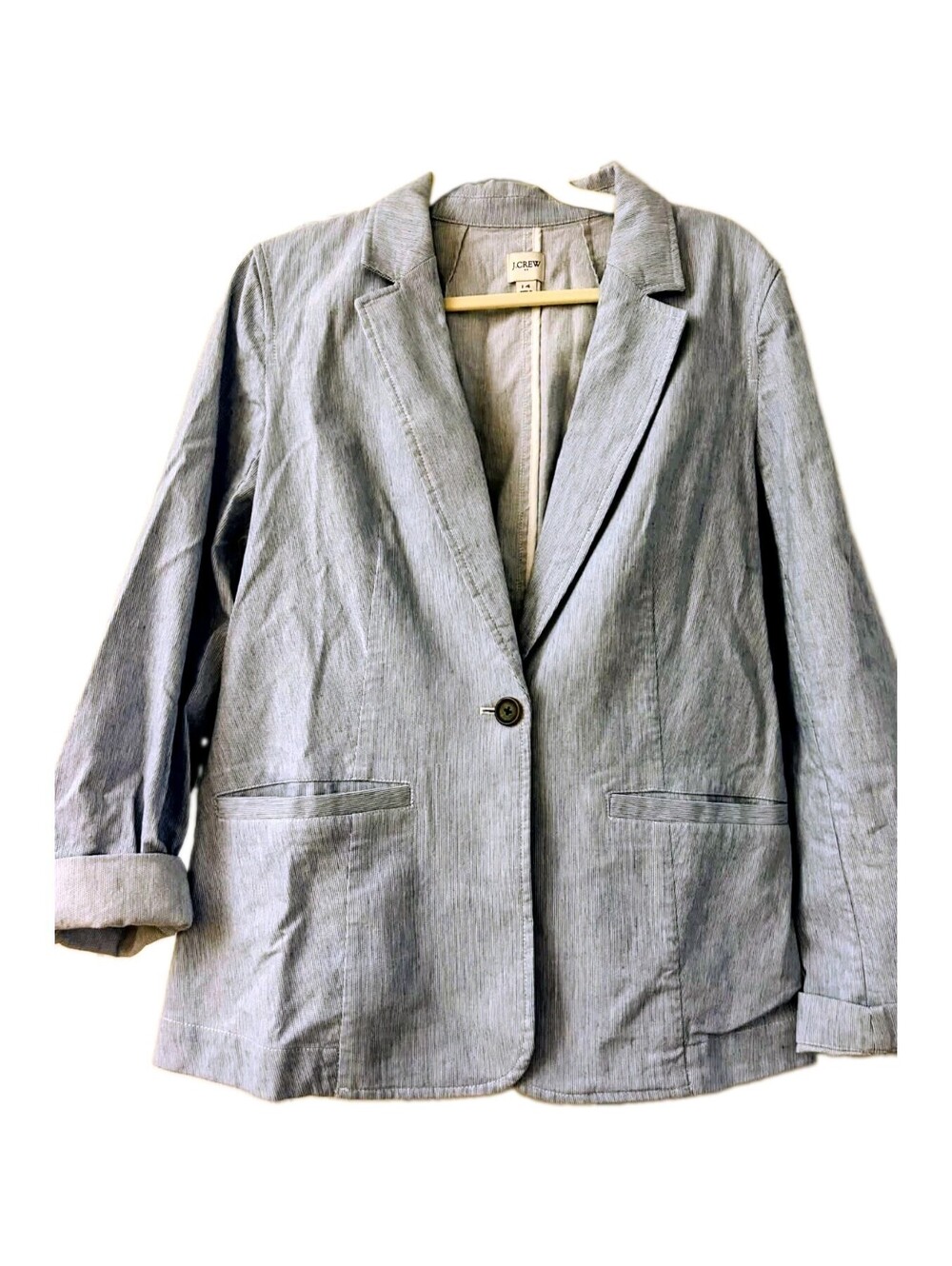 J.Crew Light Blue Striped Linen Blend Single Button Relaxed Blazer Jacket Sze 14